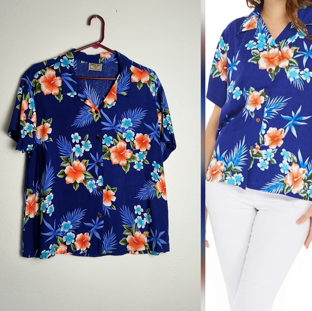 Aloha Hut Hawaii Resort Short Sleeve Shirt Top Women's Size XL Blue